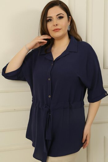 By Saygı Large Size Ayrobin Tunik Shirt with Belted Waist and Buttoned Front