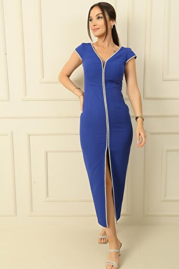 By Saygı V-neck Double Nail Sleeve Jewelled Slit Dress