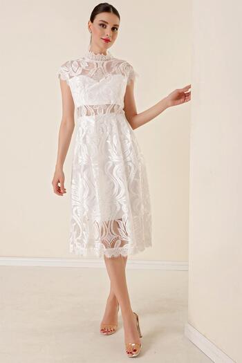 By Saygı Half Moon Sleeve Lined Lace Dress