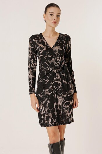 By Saygı Double Breasted Collar Buckle Detailed Patterned Lycra Dress