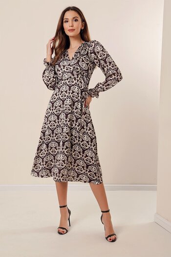 By Saygı Double-Breasted Neckline Pleated Lace-Up Waist Lined Patterned Satin Dress