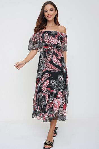 By Saygı Neck Ruffled Shawl Pattern Lined Chiffon Dress with Belted Waist