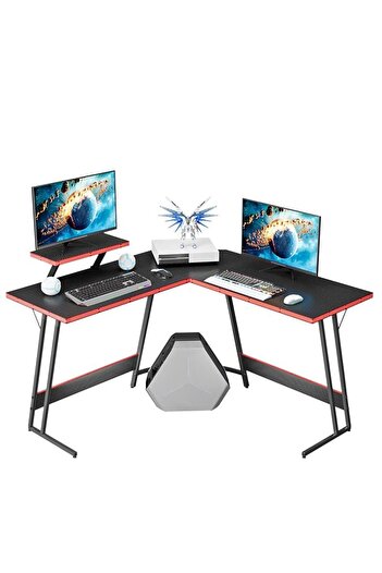 Mahmayi L-Shaped Computer Desk, PC Gaming Corner Desk Table with Large Monitor Riser Stand for Home