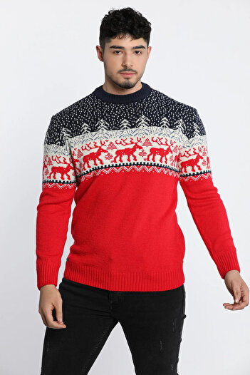 GÜLSELİ Navy Blue Red Men's Deer Patterned Winter Lover Couple Combination Knitwear Sweater (Single Product)