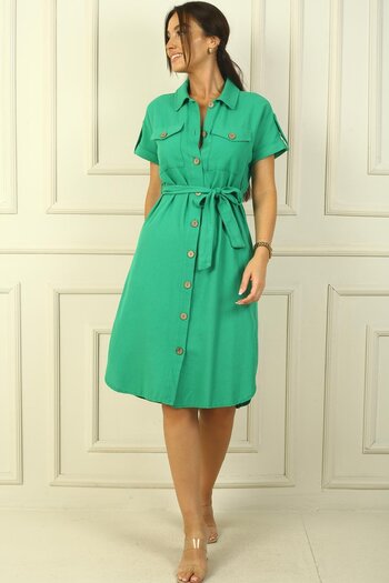 By Saygı Double Pocket Front Button Waist Belted Linen Effect Dress