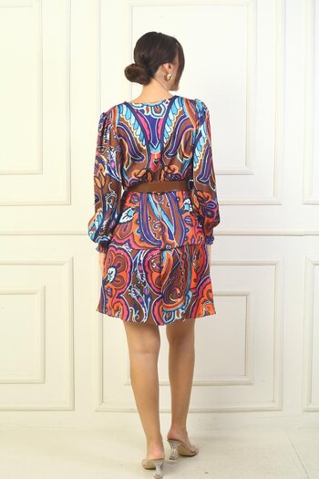 By Saygı Satin Women's Dress - Double Breasted Collar, Belt Waist, Lined Layer Shawl Pattern