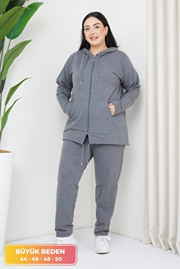 tarzımsüper Σετ Plus Size Ελαστική μέση Comfort Μοντέλο με κουκούλα με φερμουάρ και αθλητικό σετ φόρμας