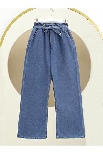 Modamorfo Wide Leg Elastic Waist Belted Jeans - Dark Blue