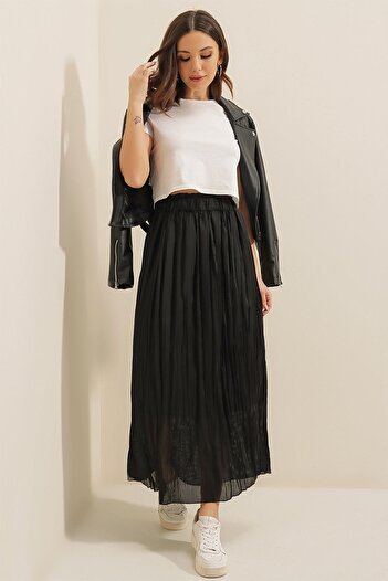 By Saygı Thin Satin Striped Skirt with Elastic Waist Lining