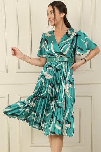 By Saygı Satin Pleated Dress - Double Breasted Collar, Slit Flywheel, Patterned Waist Belt and Lining