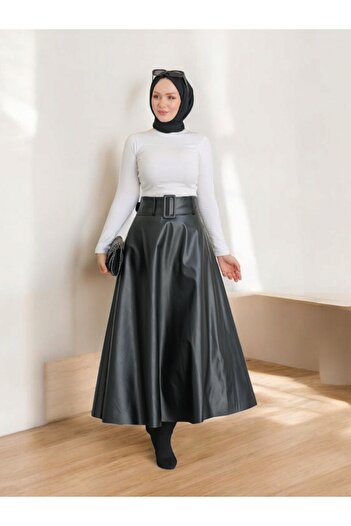 Modamorfo Thick Belted Flared Leather Skirt -Black