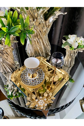 atabey home collection 2 ADET Kahve & Çay & Sunum Tepsisi Gold LÜX KRİSTALİZE TAŞLI Model
