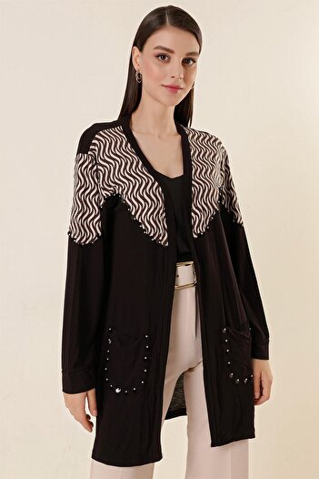 By Saygı S Patterned Lycra Cardigan with Sequin Detail and Pockets