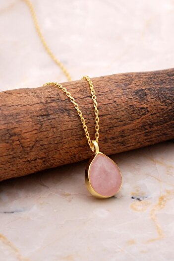 Sümer Telkari Doğal Pembe Kuvars Taşlı Damla Mini Altın Yaldızlı Gümüş Kolye 7750