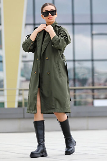 GÜLSELİ Khaki Women's Double Breasted Collar Lined Waist Belted Style Trench Coat