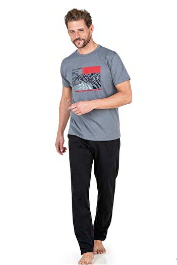 Pierre Cardin 6044 Men's Short Sleeve Combed Cotton Pajama Set-Gray