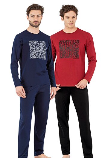 Pierre Cardin 6066 Men's Long Sleeve Crew Neck Pajama Set-Burgundy