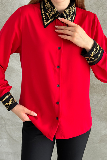 TRENDBUTİKOFFİCİAL Gold Embroidered Collar - Pattern Embroidered Modern Shirt