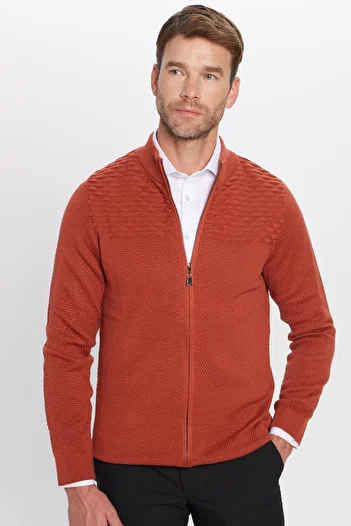 Tudors Men's Patterned Half Turtleneck Zippered Cinnamon Cardigan