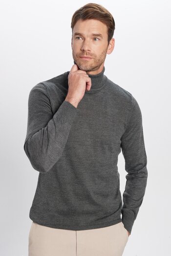 Tudors Men's Slim Fit Full Throat Collar Solid Wool Gray Knitwear Sweater
