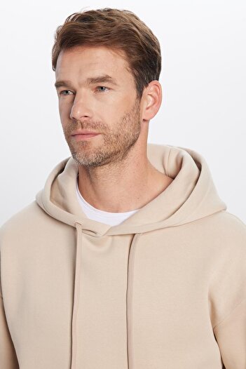 Tudors Unisex Oversize Wide Cut Cotton Soft Textured Basic Beige Hooded Sweatshirt with Fleece Inside