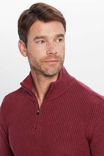 Tudors Men's Slim Fit Slim Fit Zippered Burgundy Stand Collar Knitwear Sweater