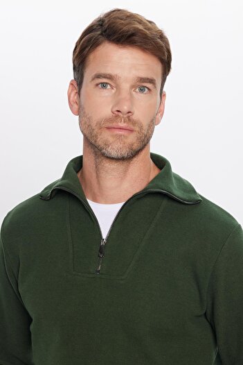 Tudors Unisex Relax Fit Χαλαρή κοπή με ραβδώσεις με μοτίβο βαμβακερό φούτερ με μισό φερμουάρ πράσινο γιακά