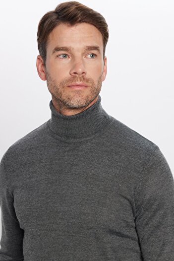 Tudors Men's Slim Fit Full Throat Collar Solid Wool Gray Knitwear Sweater