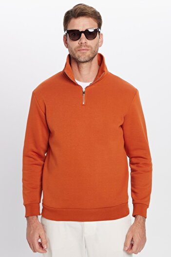 Tudors Unisex Relax Fit Rahat Kesim Pamuklu Içi Polarlı Yarım Fermuarlı Kiremit Renk Dik Yaka Sweatshirt