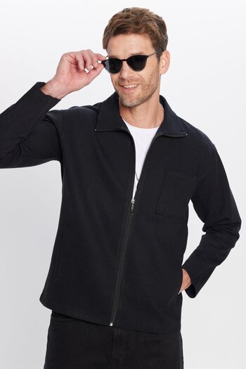 Tudors Unisex Relax Fit Relax Cut Zip-Up Pocket Winter Black Stand Collar Overshirt Jacket Style Shirt