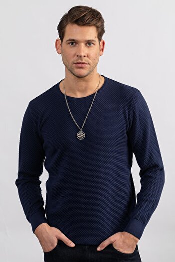 Tudors Men's Slim Fit Narrow Cut Crew Neck Honeycomb Patterned Sweater