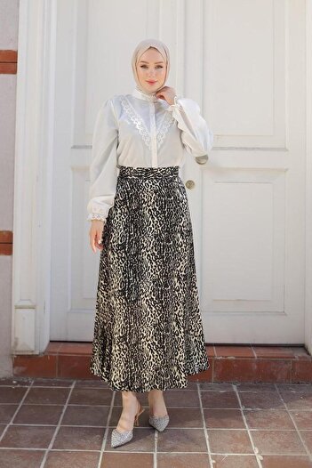 Armine Trend Leopard Print Satin Skirt - Black