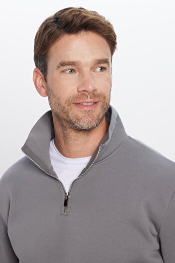 Tudors Unisex Relax Fit Rahat Kesim Pamuklu Içi Polarlı Yarım Fermuarlı Gri Dik Yaka Sweatshirt