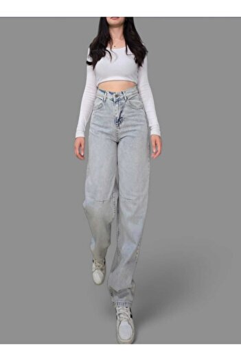 TRENDNATUREL Blugi largi cu cataramă albastru gheață - Top de zăpadă chimic, talie super înaltă fără lycra