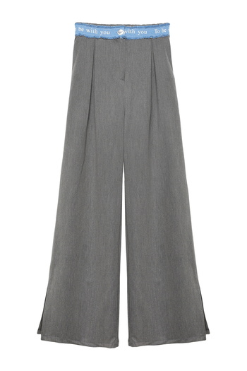 Quzu Gray Denim Trousers - Lettered and Slit Leg