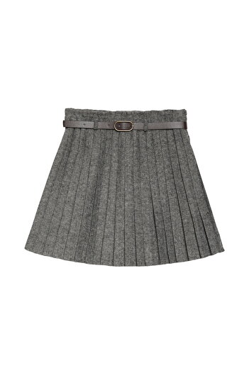 Quzu Beige Colored Pleated Mini Skirt - with Belt Accessory