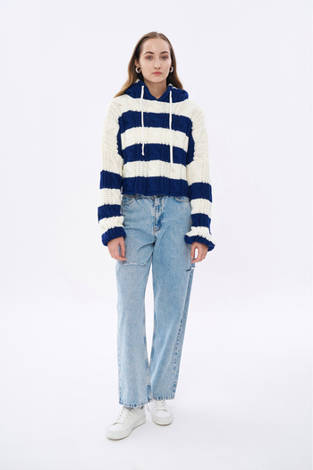 Quzu Navy Blue Crop Knitwear Sweater - Hooded Knit