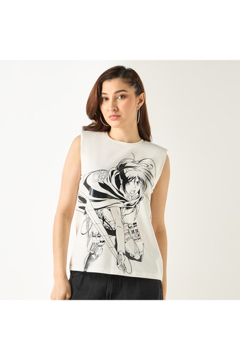 SP Characters Anime Print Sleeveless T-shirt with Crew Neck