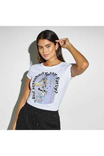 SP Characters Looney Tunes Print Round Neck T-shirt with Cap Sleeves