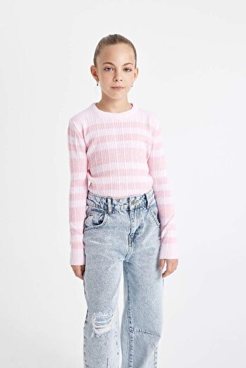 DeFacto Girls Pink Striped Standard Fit Crew Neck Tight Knitwear Sweater C6974A824Au