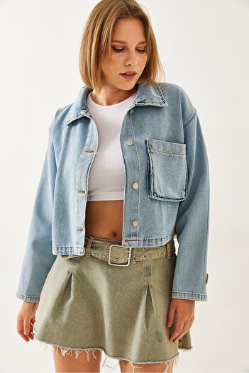 Bianco Lucci Kadın Paraşüt Garnili Crop Denim Ceket 2439 60351167
