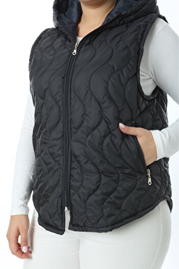 Şans Women's Large Size Navy Blue Hooded Quilted Pocket Vest 65N38335