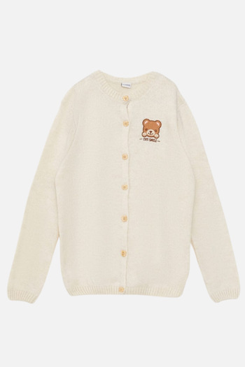 LC Waikiki Cream Colored Crew Neck Embroidered Long Sleeve Girl's Knitwear Cardigan
