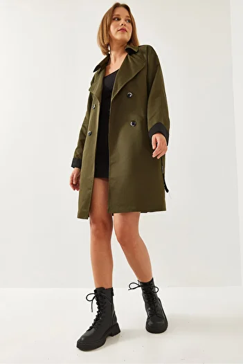Bianco Lucci Women's Sleeve Garni Detailed Belted Trench Coat 2447 60261004