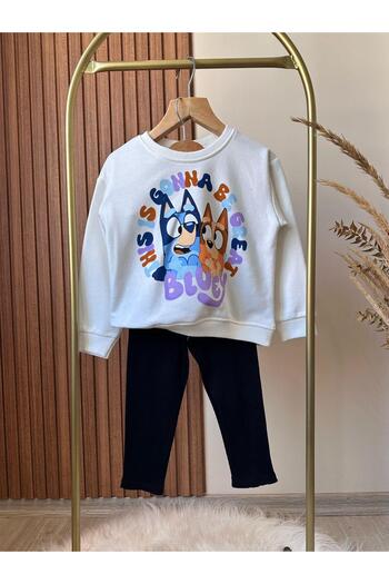 Magu Bluey Patterned Cotton White Sweatshirt Leggings Bottom-Top Set Girls