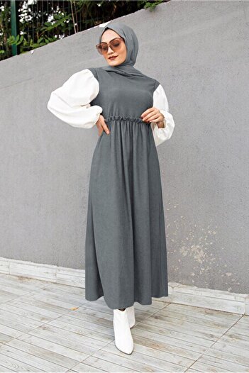 TRENDTESETTÜR Women's Gray Balloon Sleeve 2-coloured Dress 8066