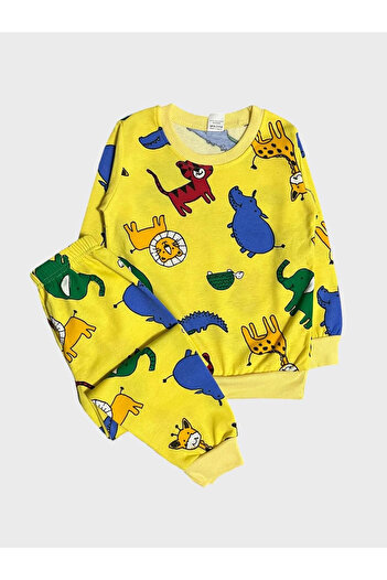 TOFU KİDS Boy's Cotton Yellow Lion Elephant Zebra Print Long Sleeve Pajamas Set