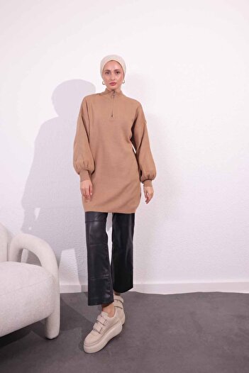 Bold Grup Women's Balloon Sleeve Turtleneck Zippered Collar Knitwear Tunic Sweater
