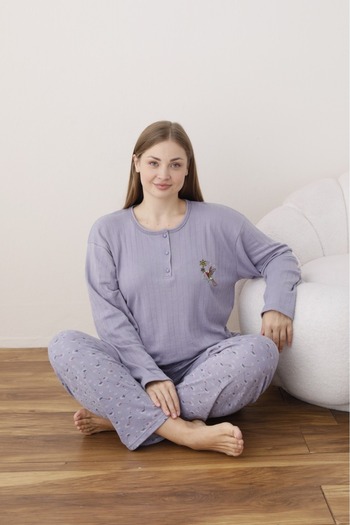 Eyfuze Women's Winter Plus Size Curve Embroidered Patterned Collar Buttoned Long Sleeve Pajama Set