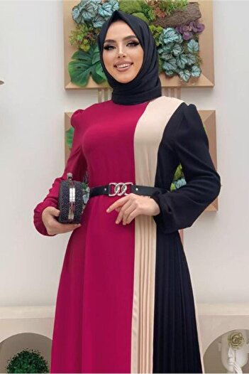TRENDTESETTÜR Women's Fuchsia Three Color Pleated Dress T 2263